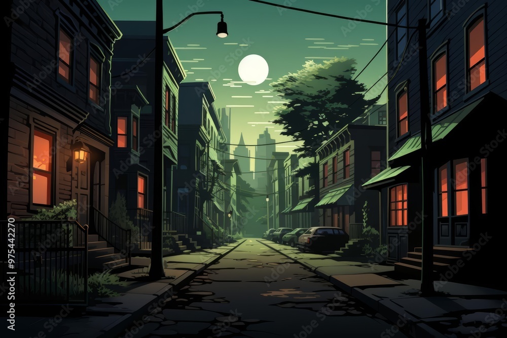 Fototapeta premium A full moon reflecting in a cats eyes as it watches from a shadowy alley, the scene steeped in mystery in this urban illustration