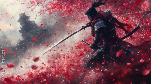 Samurai Warrior in a Storm of Cherry Blossoms