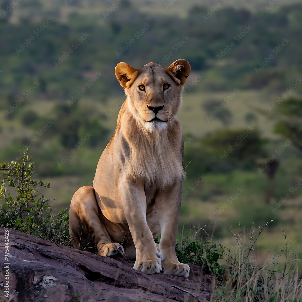 A lion on a rocky hill, sunlight on its mane, vast savannah behind, Photography, Canon EOS A lion on a rocky hill, sunlight on its mane, vast savannah behind, Photography, Canon EOS