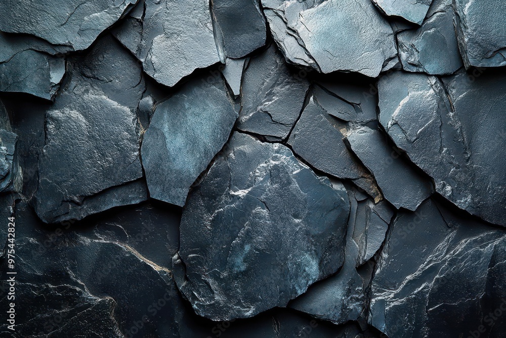 dramatic black slate texture deep crevices and angular planes moody lighting emphasizing rugged surface abstract geological patterns