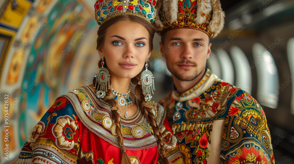 Fototapeta premium Close Up Portrait of Newly Married Estonian Couple in Their Wedding Dress in Local Ceremony, Celebrating Their Love with Rural Medieval European Culture and Show Casing Traditional Heritage