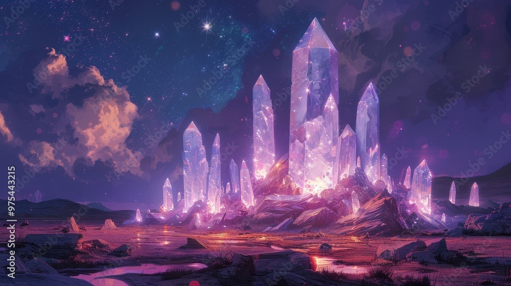 Fototapeta premium A surreal landscape with tall, glowing crystal structures against a starry night sky.