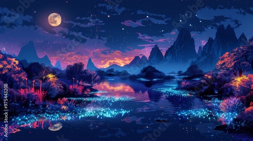 A surreal landscape with mountains, a full moon, and a lake glowing with bioluminescent light. The sky is filled with stars and clouds.