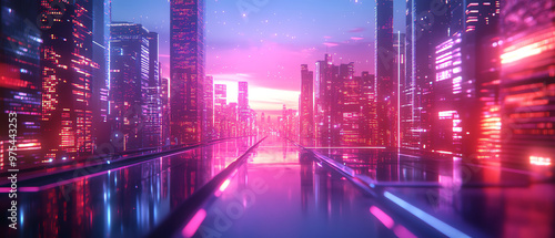 Capture the essence of a futuristic cityscape at twilight using a wide-angle view Make bold, geometric shapes and vibrant, electric colors pop in a digital, CG 3D style