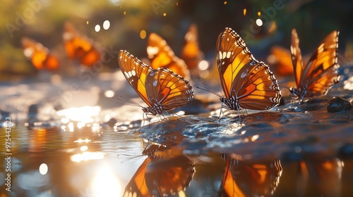 A group of butterflies gathered around a shallow puddle, drinking water on a warm day, with sunlight reflecting off their wings and the water. photo