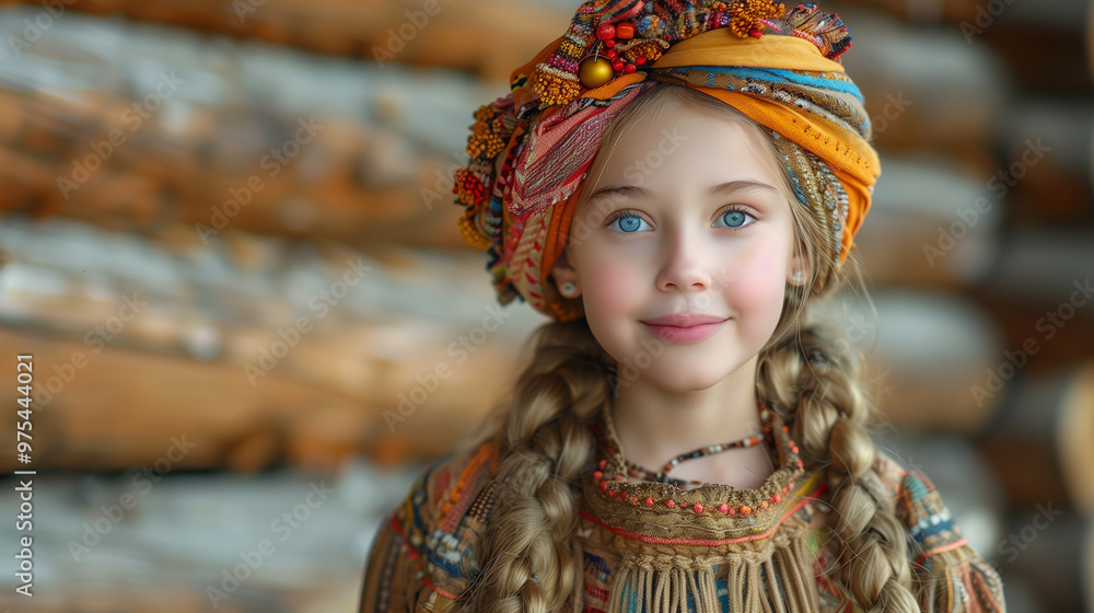 Close-up Portrait of Young Finland Girl in Traditional Handcrafted Embroidered Dress, Smiling in Wooden Cabin in Cold Weather, Showcasing Culture, Tradition and Medieval Heritage Close-up Portrait of Young Finland Girl in Traditional Handcrafted Embroidered Dress, Smiling in Wooden Cabin in Cold Weather, Showcasing Culture, Tradition and Medieval Heritage