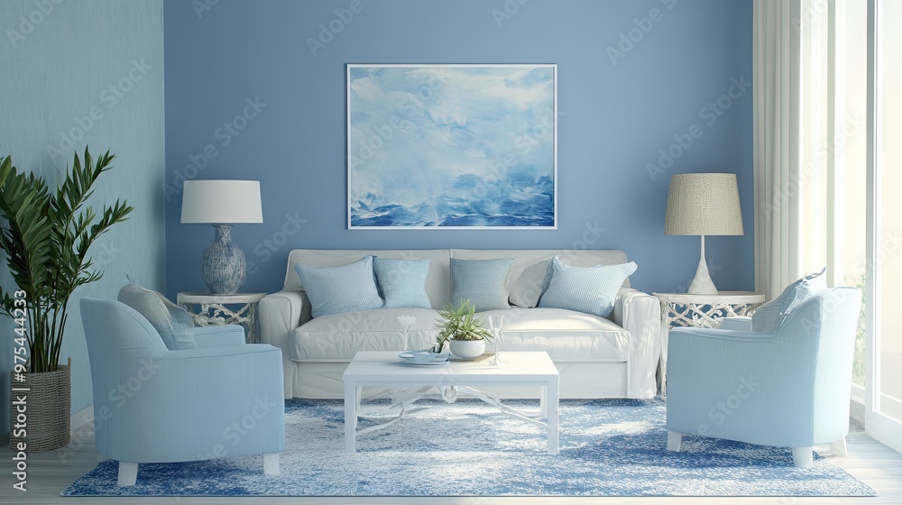 Calm blue living room with blue walls, blue furniture, and soft blue accents for a peaceful ambiance. Calm blue living room with blue walls, blue furniture, and soft blue accents for a peaceful ambiance.
