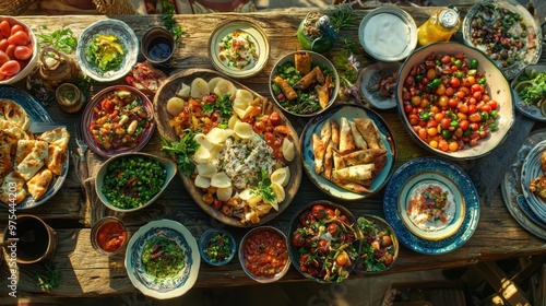 Crystal-clear shot of a vibrant Mediterranean mezze spread, various dishes, rustic table, 50 keywords