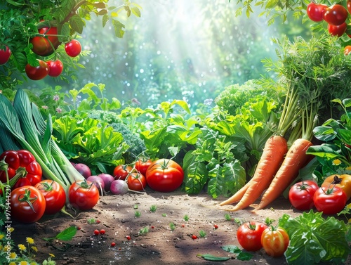 A vibrant garden with a bountiful harvest of fresh vegetables. Tomatoes, carrots, onions, and peppers are arranged on the ground in the sunlight. photo