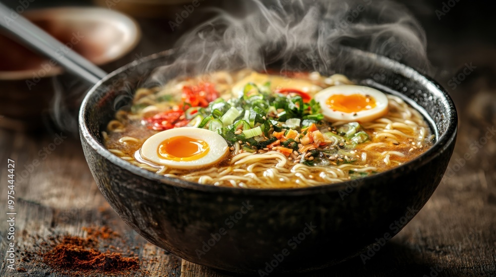 High-resolution capture of a steaming bowl of ramen, toppings perfectly placed, 50 keywords High-resolution capture of a steaming bowl of ramen, toppings perfectly placed, 50 keywords