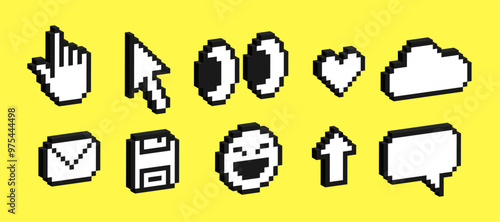 Set of 3d pixel art icons of emoji, arrow, cloud, eye, heart, email. Pack of pixelated emoji icons. 8-bit retro vector illustration of emoticons.