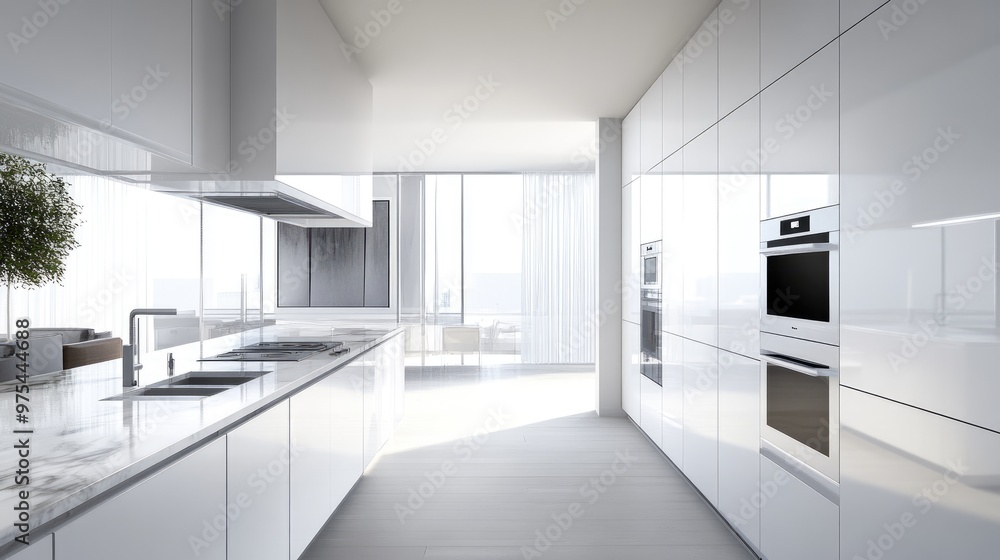 Clean and modern white kitchen with white cabinetry, a marble countertop, and sleek white appliances. Clean and modern white kitchen with white cabinetry, a marble countertop, and sleek white appliances.