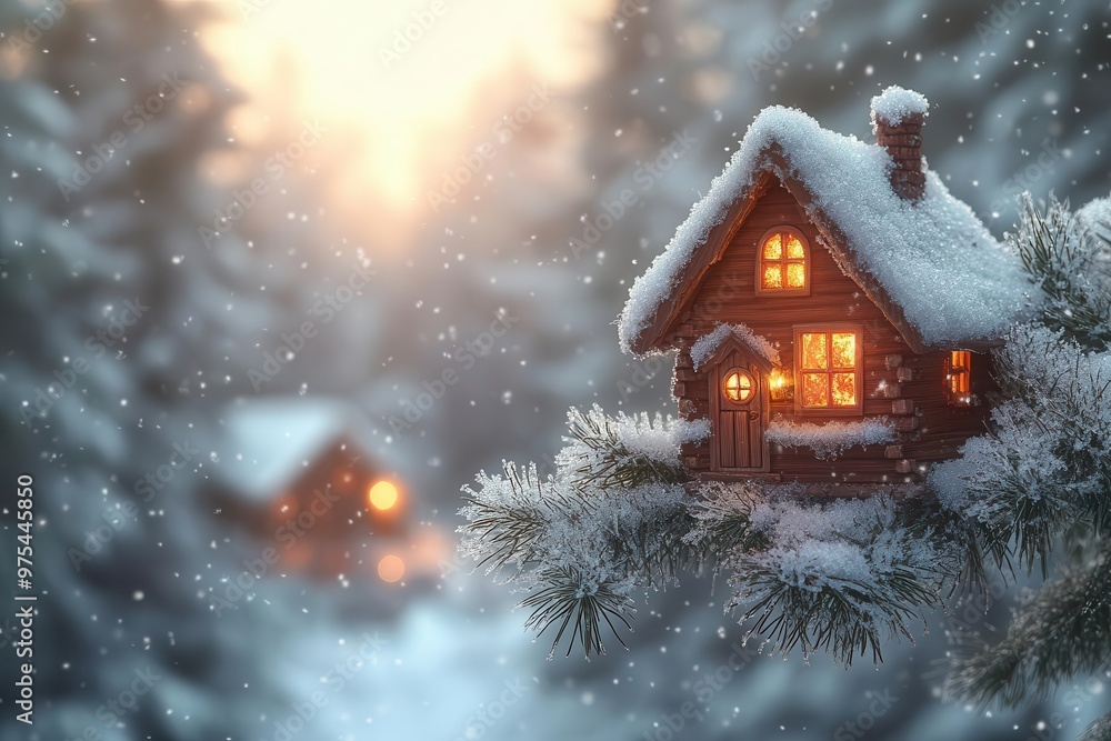 Fototapeta premium enchanting winter scene houseshaped key ornament dangles from snowladen pine branch serene snowy forest backdrop with warm cabin lights in distance magical real estate concept