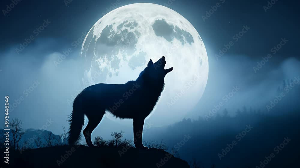 A stunning nocturnal a howling wolf silhouette against a bright full moon. Ethereal light illuminates the landscape, enhancing themes of wilderness and the night. A stunning nocturnal a howling wolf silhouette against a bright full moon. Ethereal light illuminates the landscape, enhancing themes of wilderness and the night.