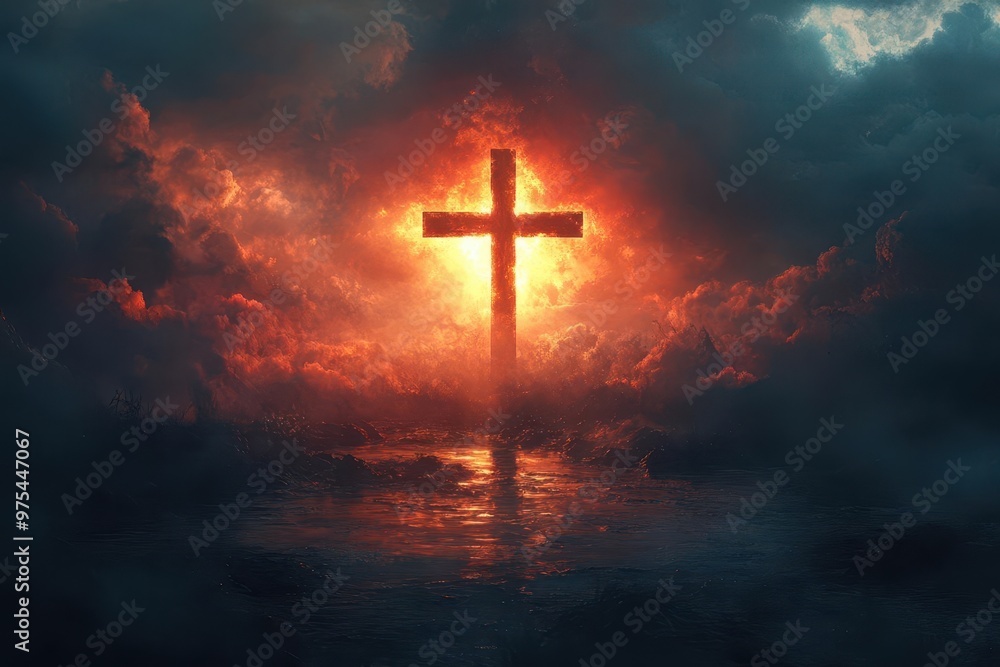 ethereal golgotha scene radiant cross silhouette divine light piercing clouds symbolizing resurrection and hope ethereal golgotha scene radiant cross silhouette divine light piercing clouds symbolizing resurrection and hope
