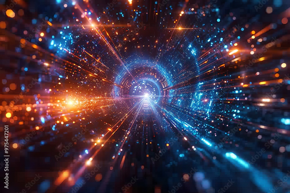 Obraz premium Abstract digital art with vibrant blue and orange lights and glowing particles.