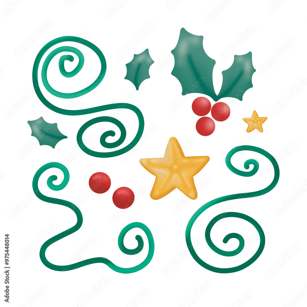 Obraz premium Set of cute watercolor green and red sign for Christmas celebration holly berry cherry and star