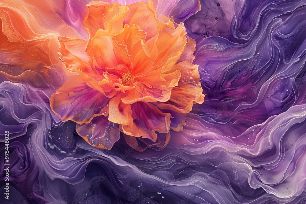 Obraz premium Abstract swirl of purple and orange colors, creating a flower-like shape.