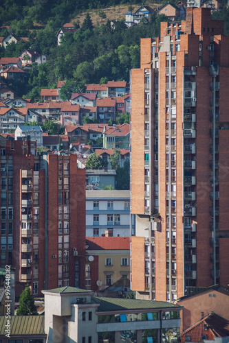 View of the small town with high-rise buildings and streets