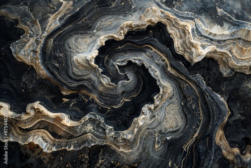 Abstract swirling pattern in black, white and gold tones, resembling marble or stone.