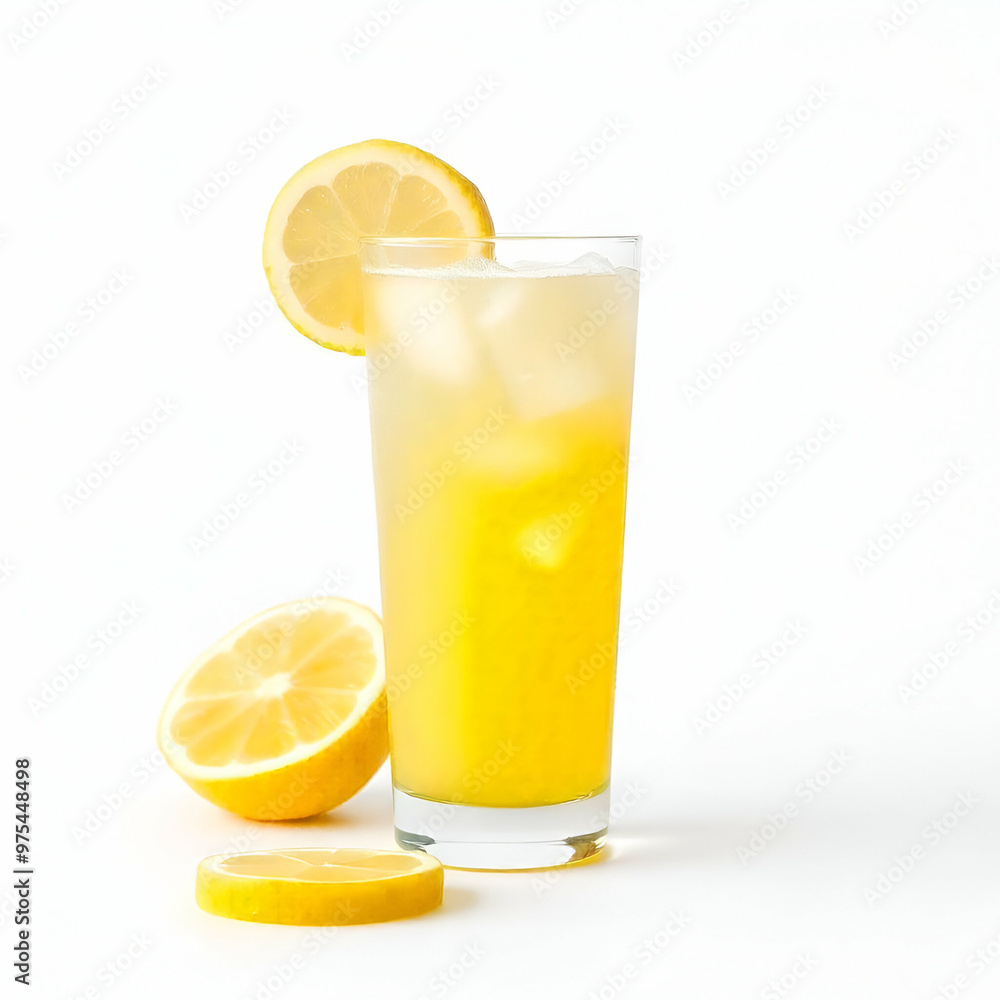 a glass of lemon juice with mint leaves garnish, surrounded by fresh oranges and mint leaves, lemon, white background a glass of lemon juice with mint leaves garnish, surrounded by fresh oranges and mint leaves, lemon, white background