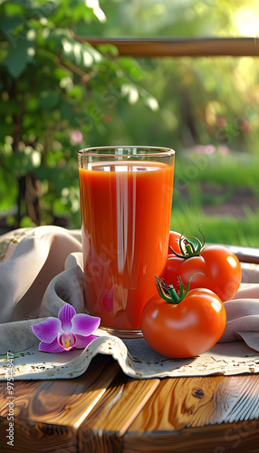 This image captures the essence of a sunny garden morning with a glass of freshly squeezed tomato juice, bathed in warm light. Three plump tomatoes, some playfully upside down and others leaning sidew photo