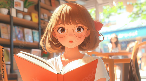 A cute girl with round eyes enjoys a book in a cozy cafe, her stylish short hair adding charm to the scene. photo