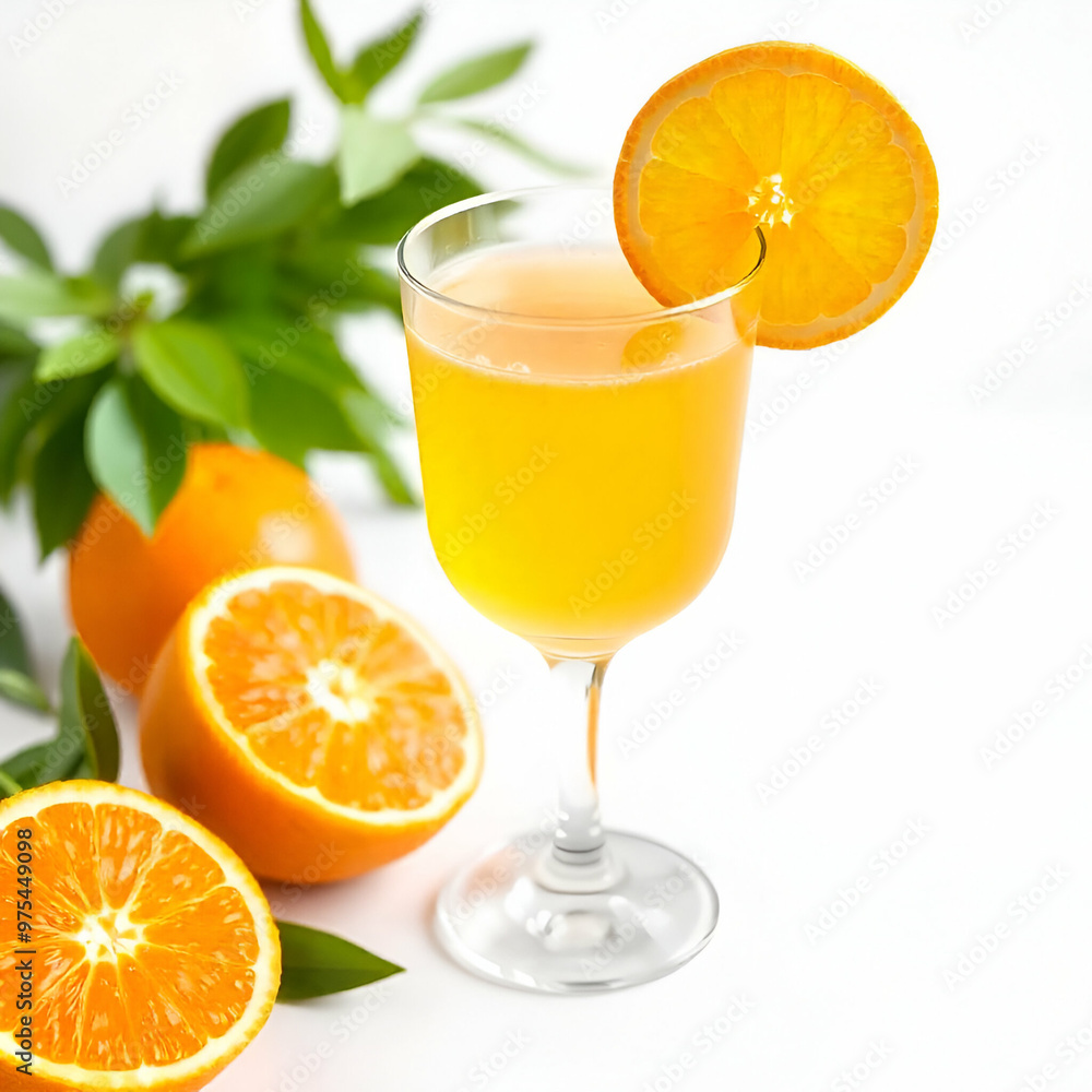 a glass of orange juice with mint leaves garnish, surrounded by fresh oranges and mint leaves, white backgeound a glass of orange juice with mint leaves garnish, surrounded by fresh oranges and mint leaves, white backgeound