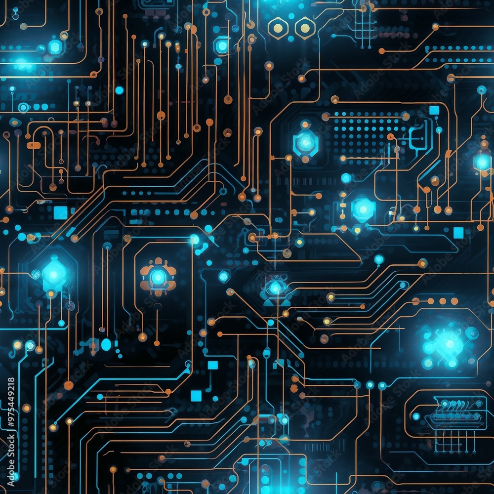Seamless pattern of a futuristic circuit board design for technology and innovation Seamless pattern of a futuristic circuit board design for technology and innovation