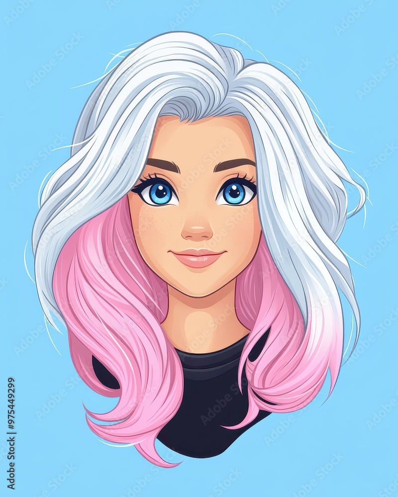 A cute character icon with long blackpink ombre hair, blue eyes, and a joyful smile in chibi animation style. A cute character icon with long blackpink ombre hair, blue eyes, and a joyful smile in chibi animation style.