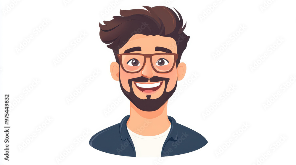 Whimsical cartoon art featuring a joyful man with trendy hair and stylish specs against a plain backdrop. Whimsical cartoon art featuring a joyful man with trendy hair and stylish specs against a plain backdrop.