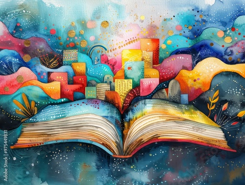 An open book with vibrant, abstract cityscape bursting from its pages, surrounded by colorful clouds and stars.