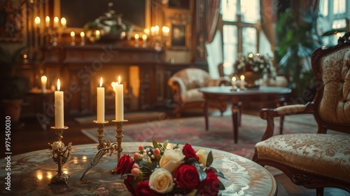 Candles flicker in a luxurious living room with ornate furniture, a fireplace, and a bouquet of roses on a coffee table.