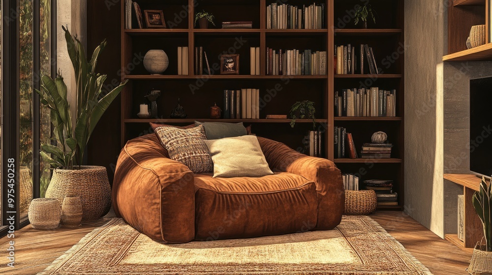 Cozy brown reading nook with a brown armchair, cushions, and a soft rug for comfort. Cozy brown reading nook with a brown armchair, cushions, and a soft rug for comfort.