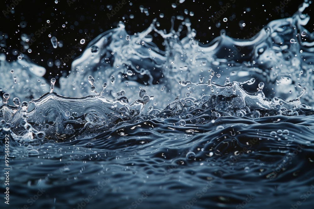 Close-up of water splashing and creating a wave-like pattern against a black background. Close-up of water splashing and creating a wave-like pattern against a black background.