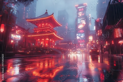 futuristic cyberpunk cityscape featuring a neonlit japanese temple amidst towering skyscrapers rainslicked streets reflecting vibrant holograms in a moody dystopian night scene photo