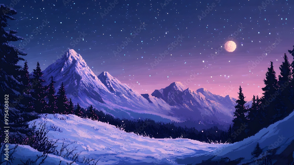 Pixel art depiction of a snowy mountain range, with a clear, starry night sky and a pixelated moon, cool, ambient lighting casting soft shadows, detailed pixelated textures with a nostalgic 16-bit Pixel art depiction of a snowy mountain range, with a clear, starry night sky and a pixelated moon, cool, ambient lighting casting soft shadows, detailed pixelated textures with a nostalgic 16-bit