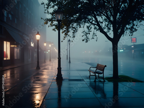 a city street with a bench and street lights on it