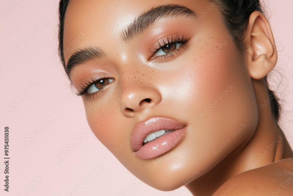 Obraz premium model with soft baddie glam, showcasing perfectly arched brows, long fluttery lashes, a smooth contour, and a soft mauve lip