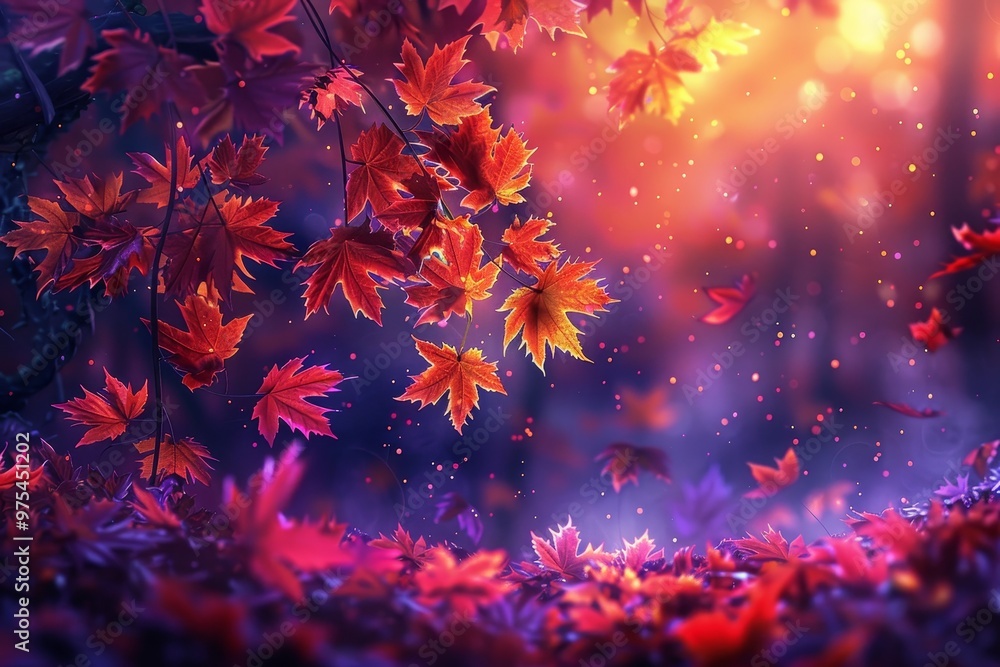 Magical autumn forest with vibrant red and orange leaves falling. Magical autumn forest with vibrant red and orange leaves falling.