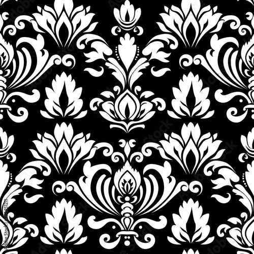 Elegant white damask pattern on black background.