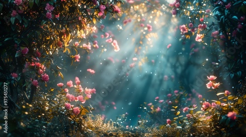 Magical forest with pink flowers and sunbeams streaming through the trees. A whimsical and ethereal scene.