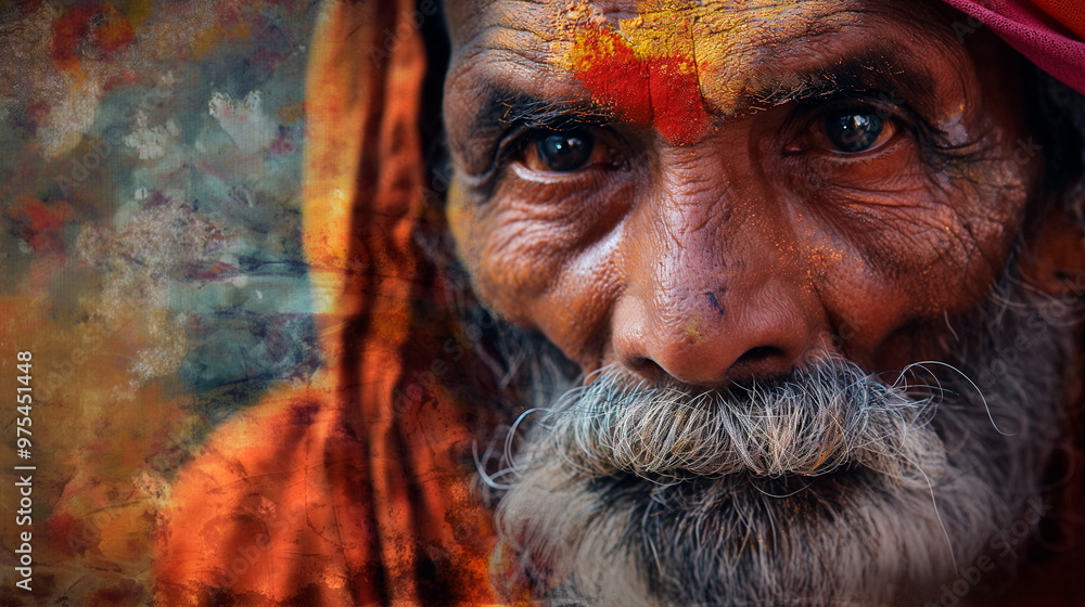 Portrait of an old Hindu with bright paint on his forehead Portrait of an old Hindu with bright paint on his forehead
