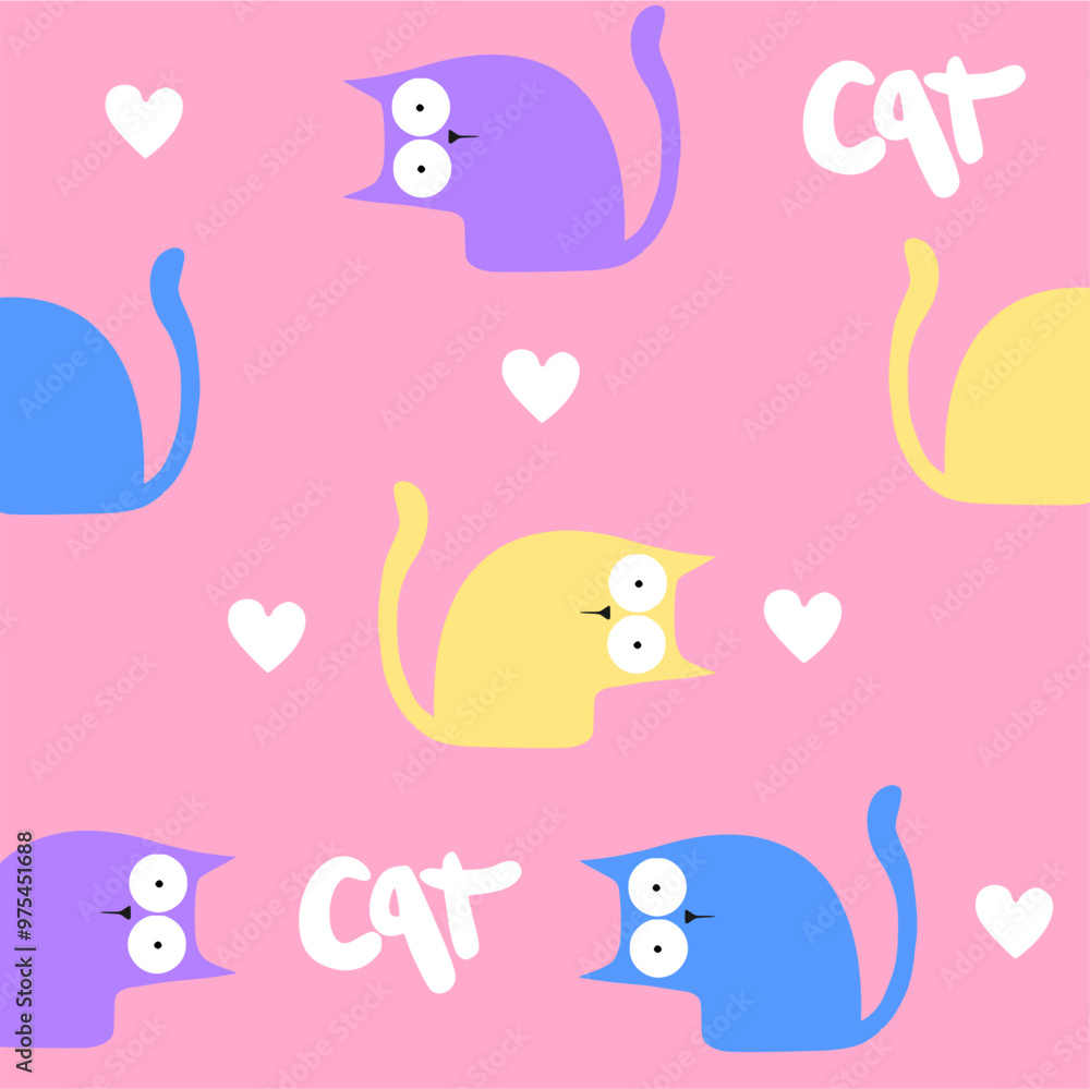 Seamless pattern with cute colorful Cats. Funny pet charactes Hand drawn vector illustration. Good for fabric, textile Seamless pattern with cute colorful Cats. Funny pet charactes Hand drawn vector illustration. Good for fabric, textile