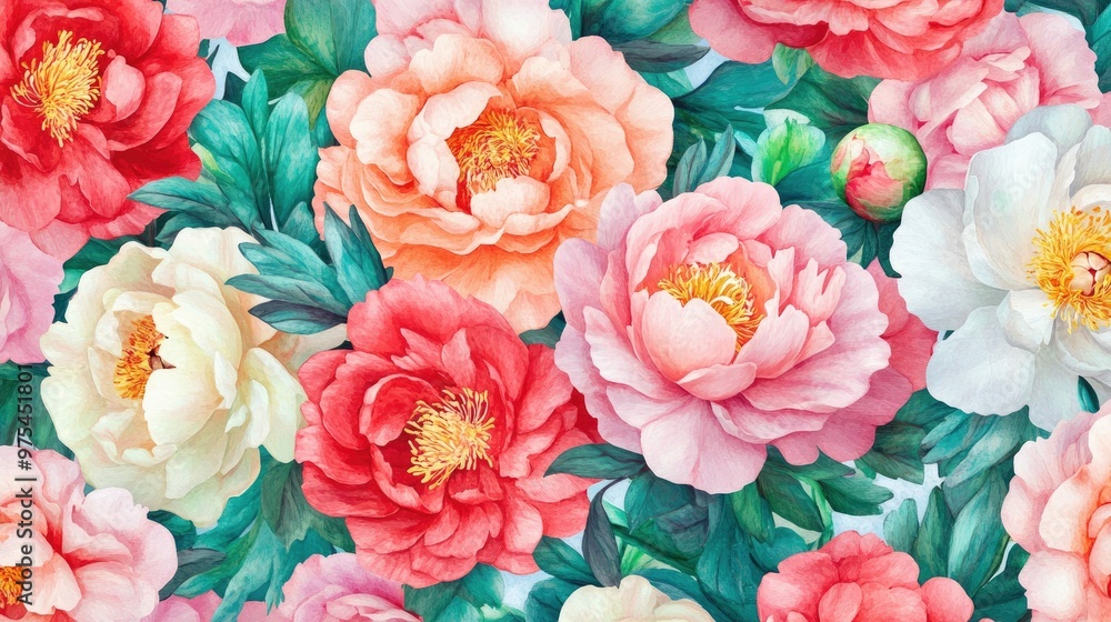 A seamless pattern of watercolor peonies in pink, white, and red with green leaves. A seamless pattern of watercolor peonies in pink, white, and red with green leaves.