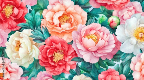 A seamless pattern of watercolor peonies in pink, white, and red with green leaves.