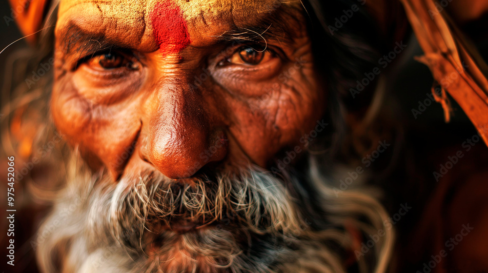 Portrait of an old Hindu with bright paint on his forehead Portrait of an old Hindu with bright paint on his forehead