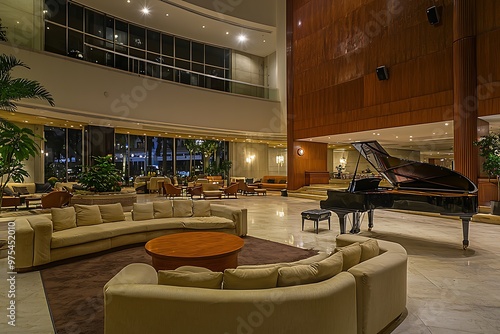 Broad hotl lobby quippd with comfortabl sofas and a grand piano. photo