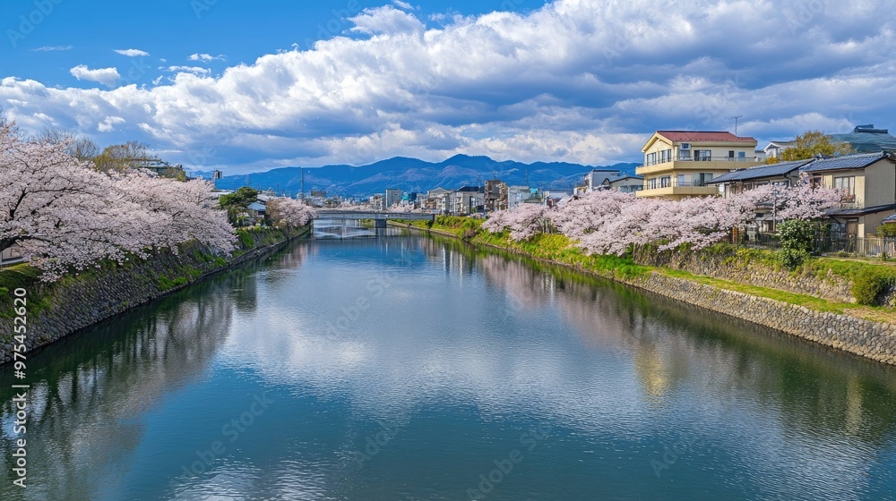 A serene river scene with vibrant cherry blossoms in bloom lining the banks, creating a picturesque landscape with blue skies and fluffy white clouds. A serene river scene with vibrant cherry blossoms in bloom lining the banks, creating a picturesque landscape with blue skies and fluffy white clouds.