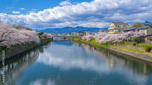 A serene river scene with vibrant cherry blossoms in bloom lining the banks, creating a picturesque landscape with blue skies and fluffy white clouds.